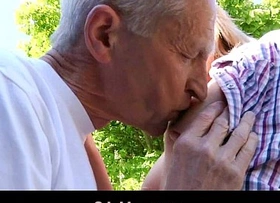 Lucky grandpa fucks sexy teenager blonde in a van