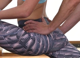 Flexible fit blonde bangs her yoga teacher
