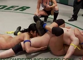 Four babes wrestle and fuck on mats