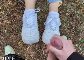 Long tongue gives blowjob in the woods and receive cumshot on her nike air1